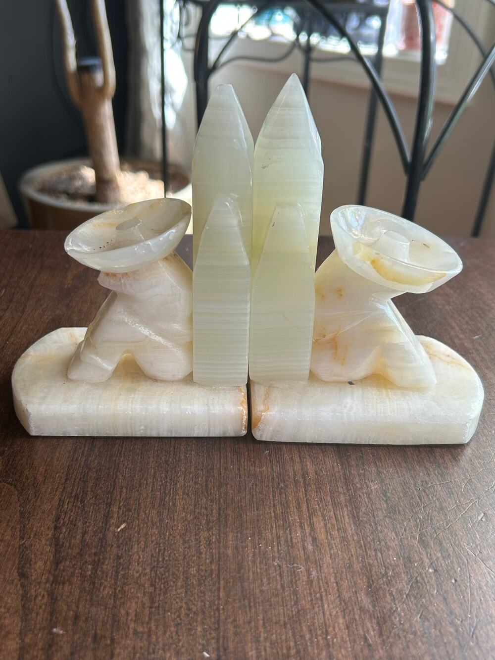 Vintage Onyx Marble Alabaster Mexican Siesta Cactus Book Ends